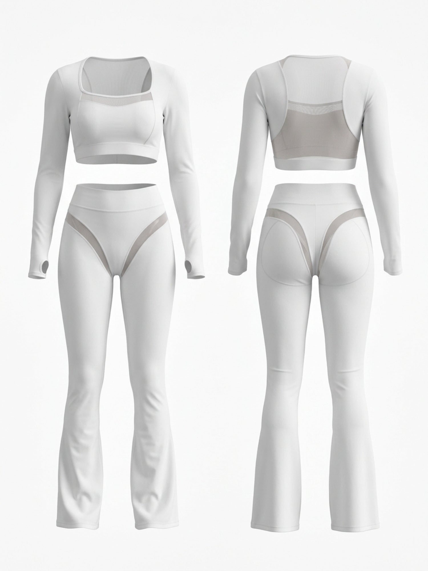 Mesh Patchwork Long Sleeve Flare Leg Yoga 2‑Piece Set