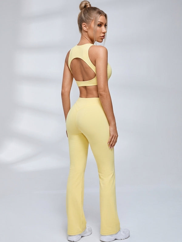 Cutout Back Crop Top V‑Waist Flared Leggings Set