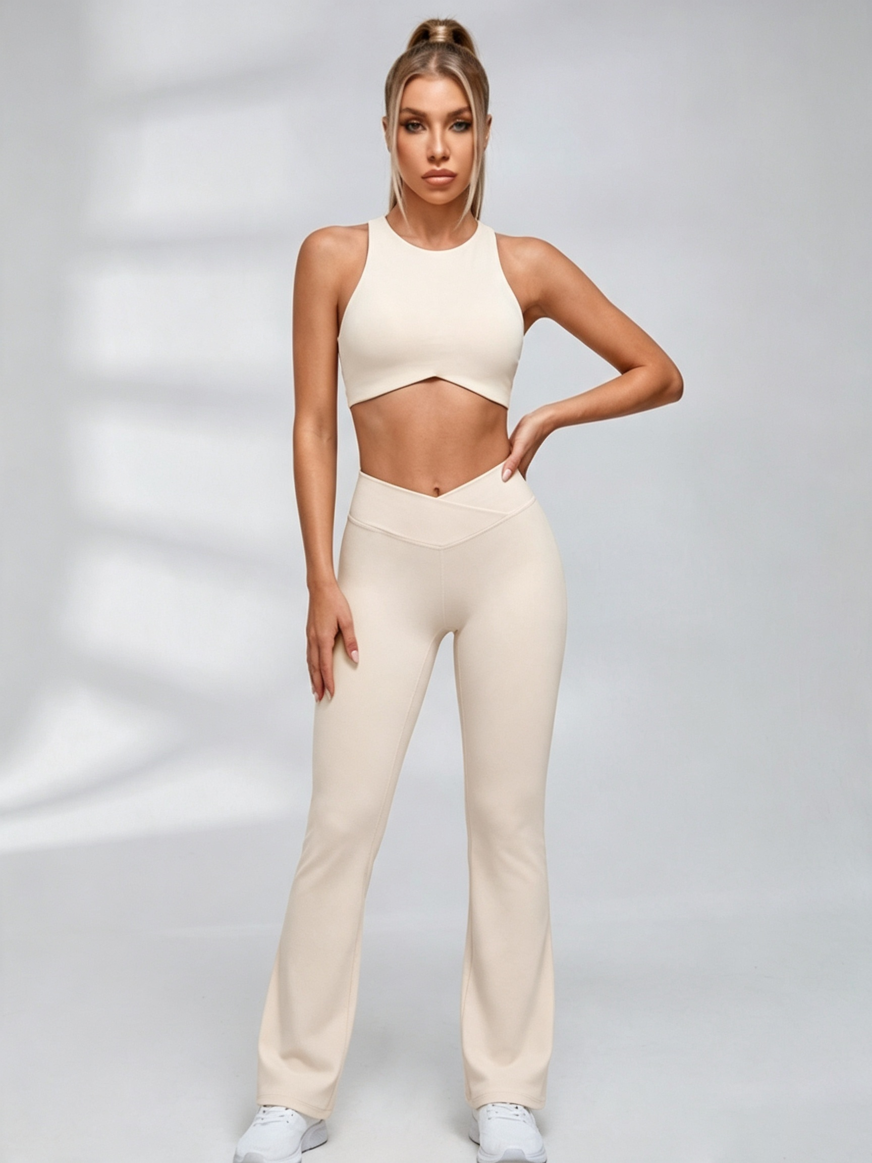 Cutout Back Crop Top V‑Waist Flared Leggings Set