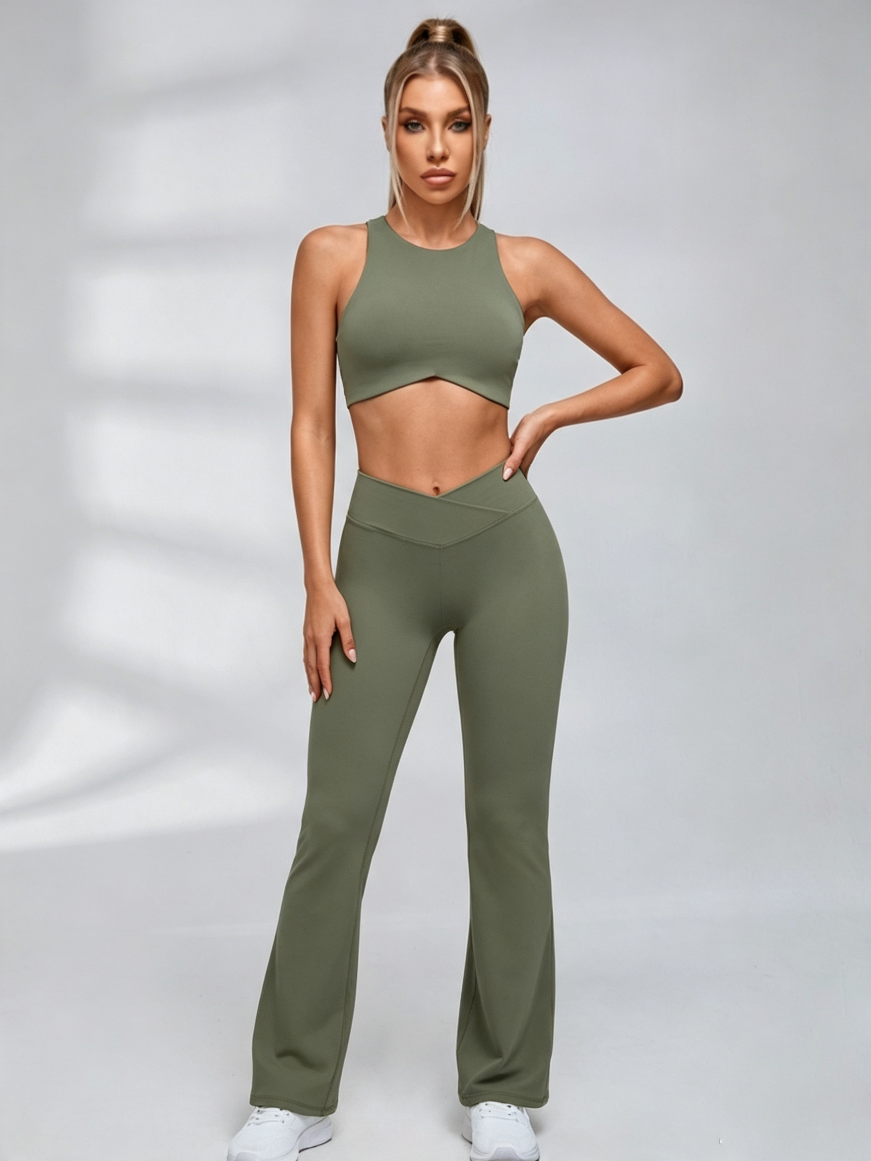 Cutout Back Crop Top V‑Waist Flared Leggings Set