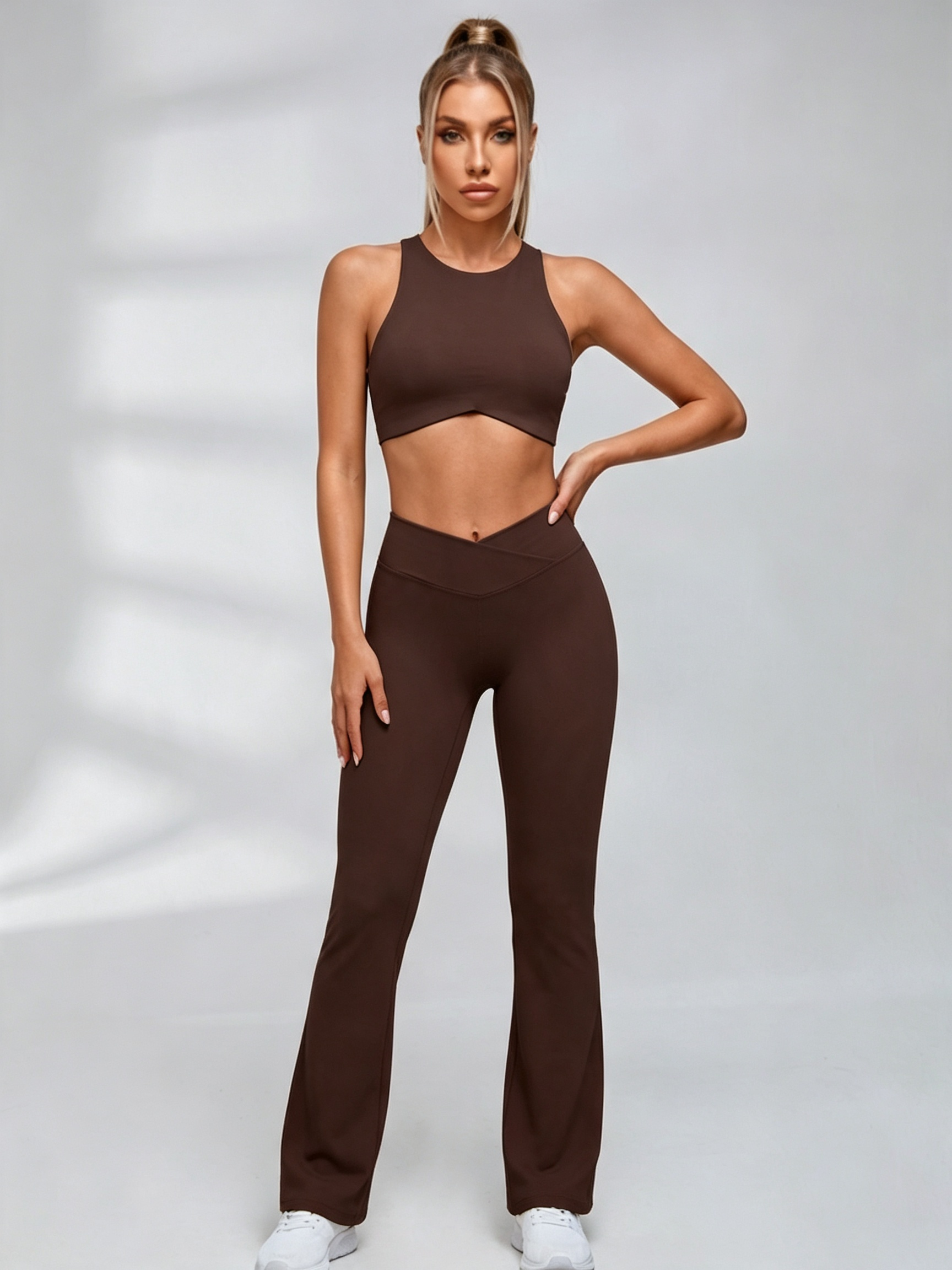 Cutout Back Crop Top V‑Waist Flared Leggings Set