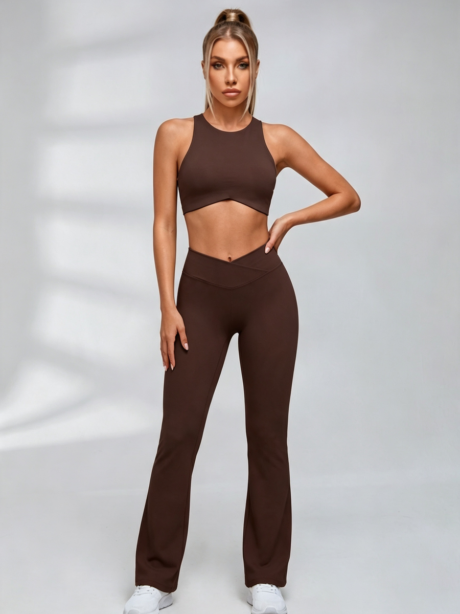 Cutout Back Crop Top V‑Waist Flared Leggings Set