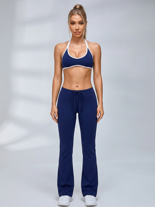 Contrast Trim Halter Drawstring Flared Leggings Set