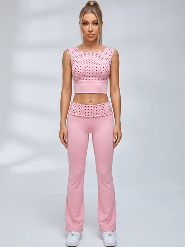 Polka Dot Tie‑Back Cutout Flared Leggings Set