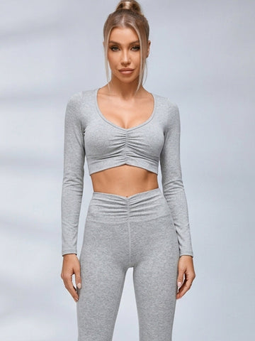 Ruched Front Long Sleeve Flared Leggings Set