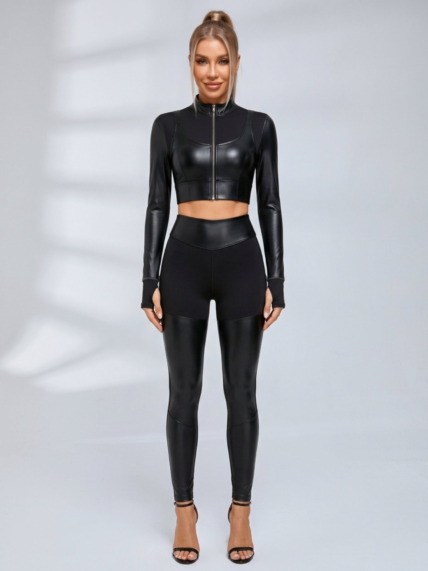 Long Sleeve Faux Leather Bodycon Two Piece Set