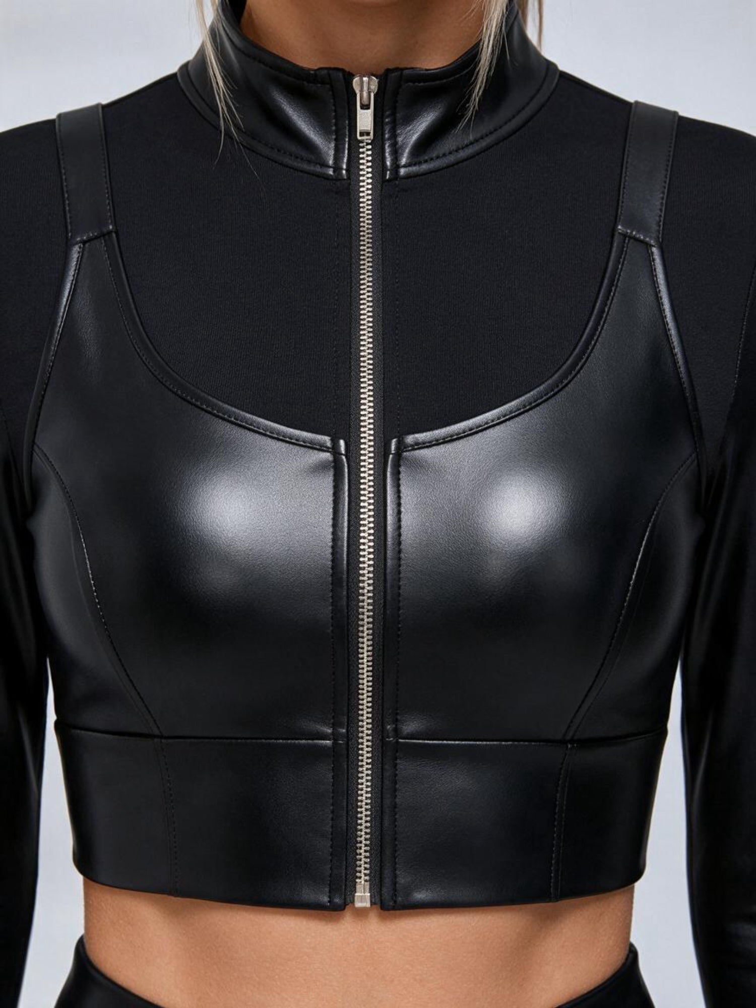 Long Sleeve Faux Leather Bodycon Two Piece Set