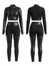Long Sleeve Faux Leather Bodycon Two Piece Set
