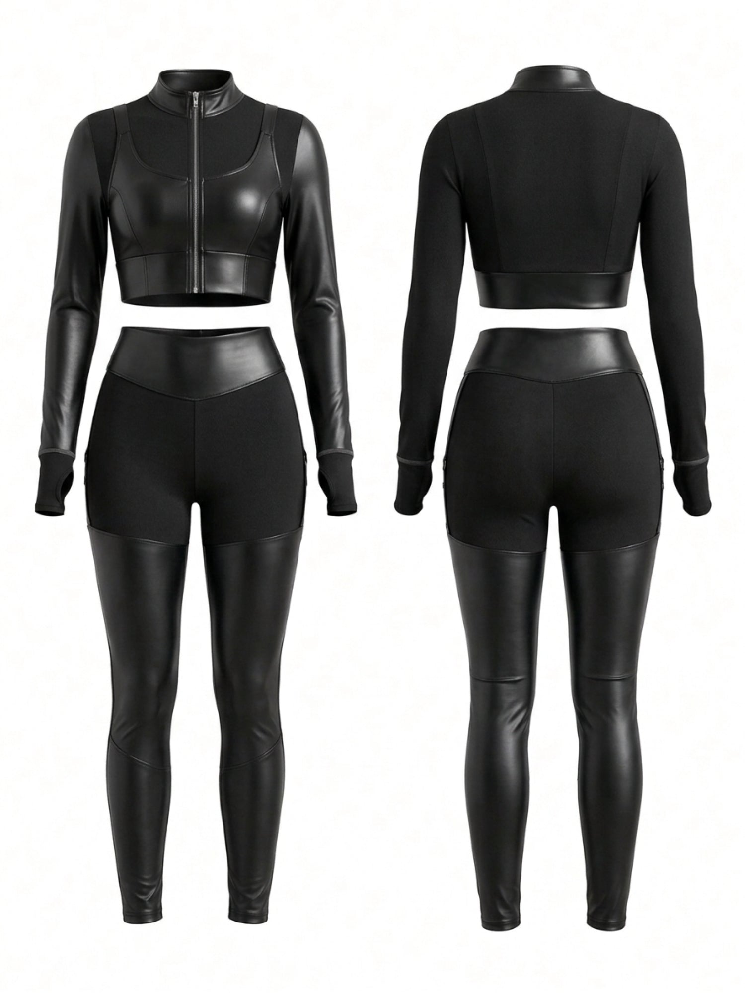Long Sleeve Faux Leather Bodycon Two Piece Set