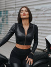 Long Sleeve Faux Leather Bodycon Two Piece Set