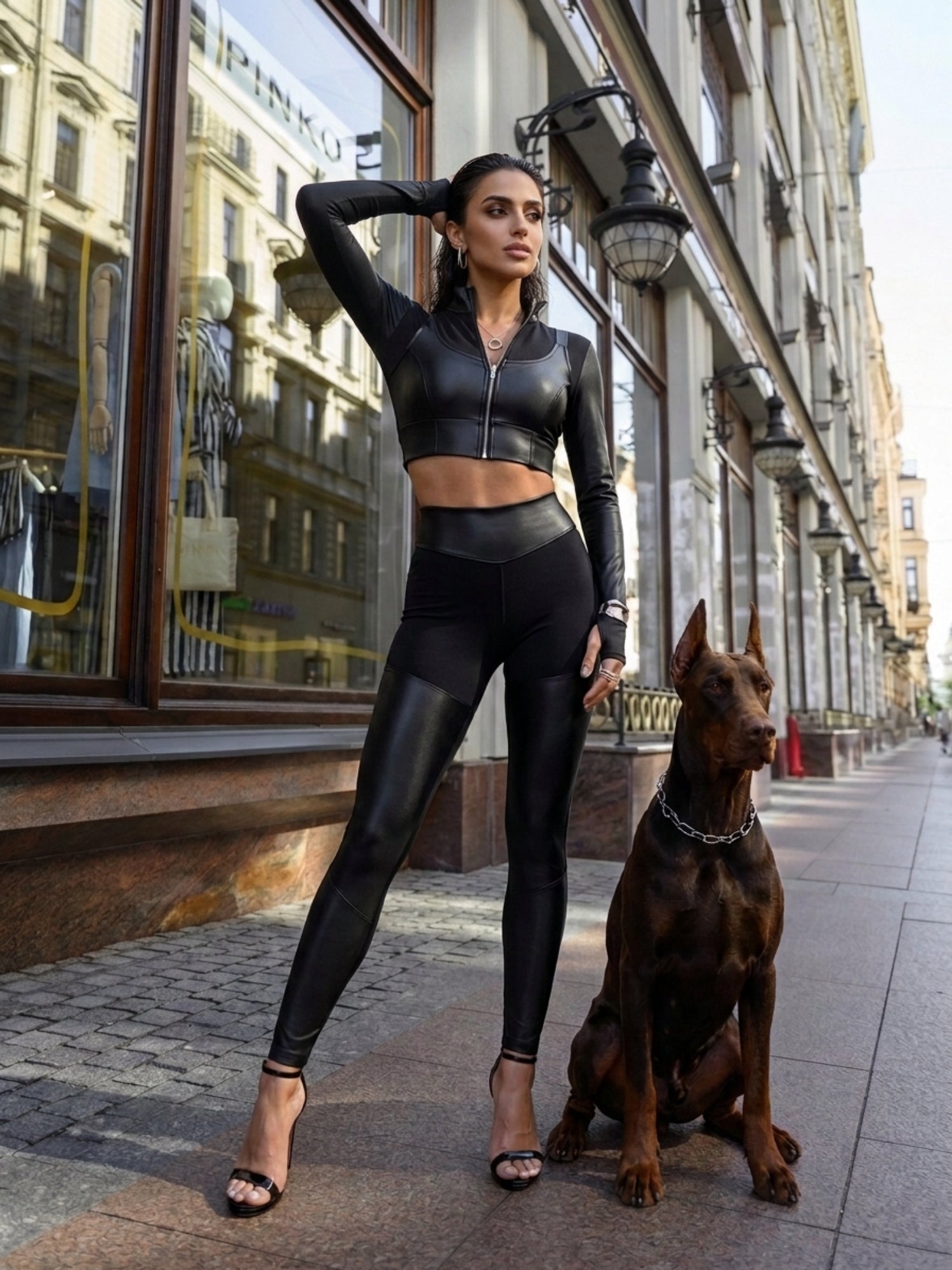 Long Sleeve Faux Leather Bodycon Two Piece Set