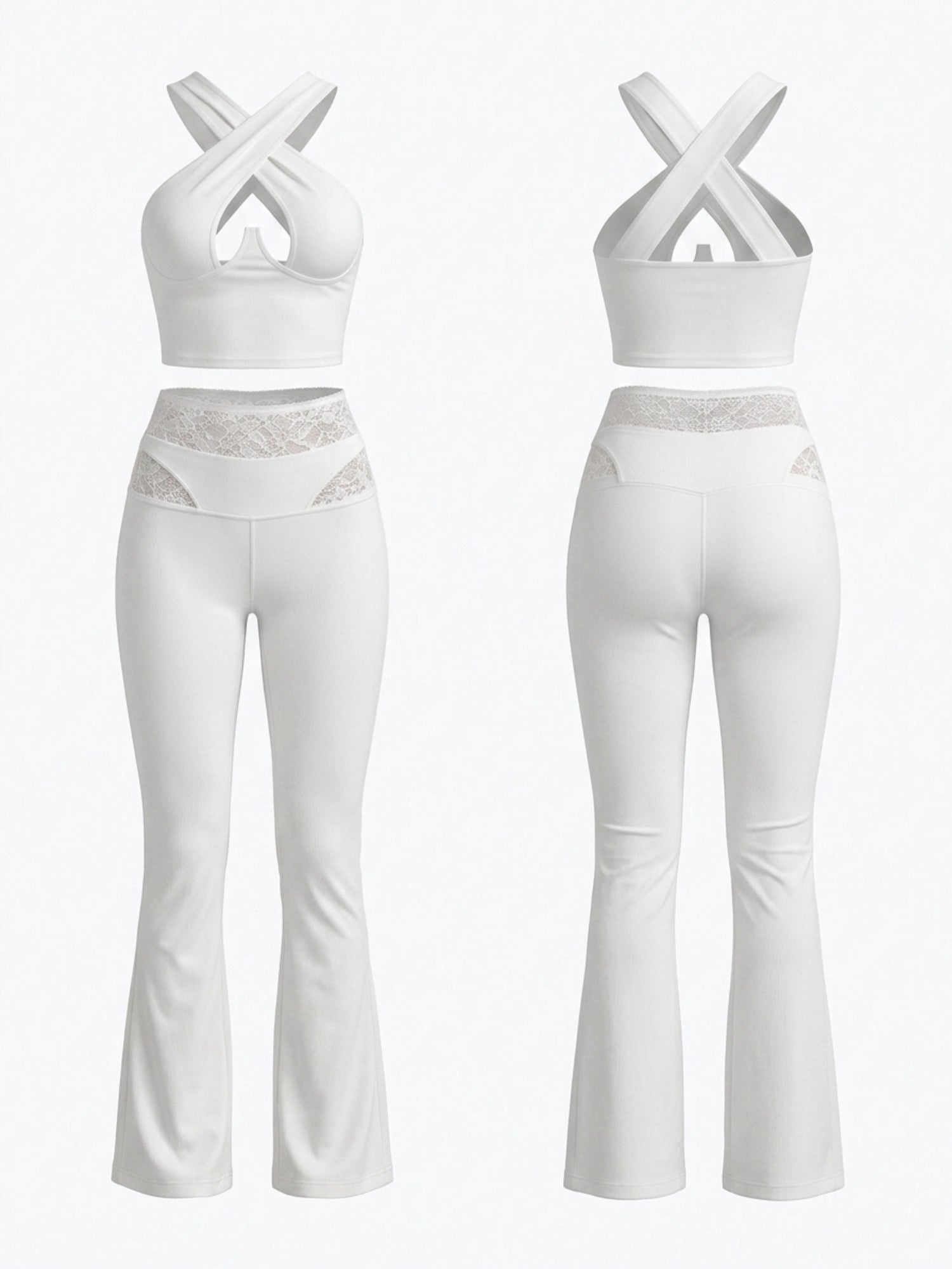 Cross Halter Cutout Crop Top Lace Flare Pants 2‑Piece Set