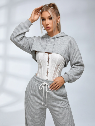 Ribbed Cropped Hoodie Wide Leg Pants 3‑Piece Tracksuit Set