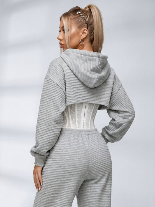 Ribbed Cropped Hoodie Wide Leg Pants 3‑Piece Tracksuit Set