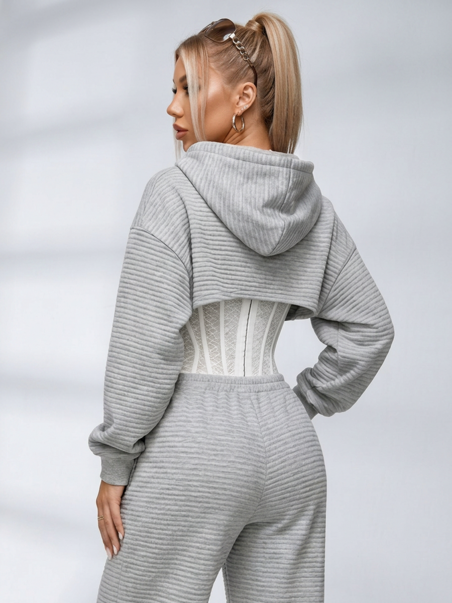 Ribbed Cropped Hoodie Wide Leg Pants 3‑Piece Tracksuit Set