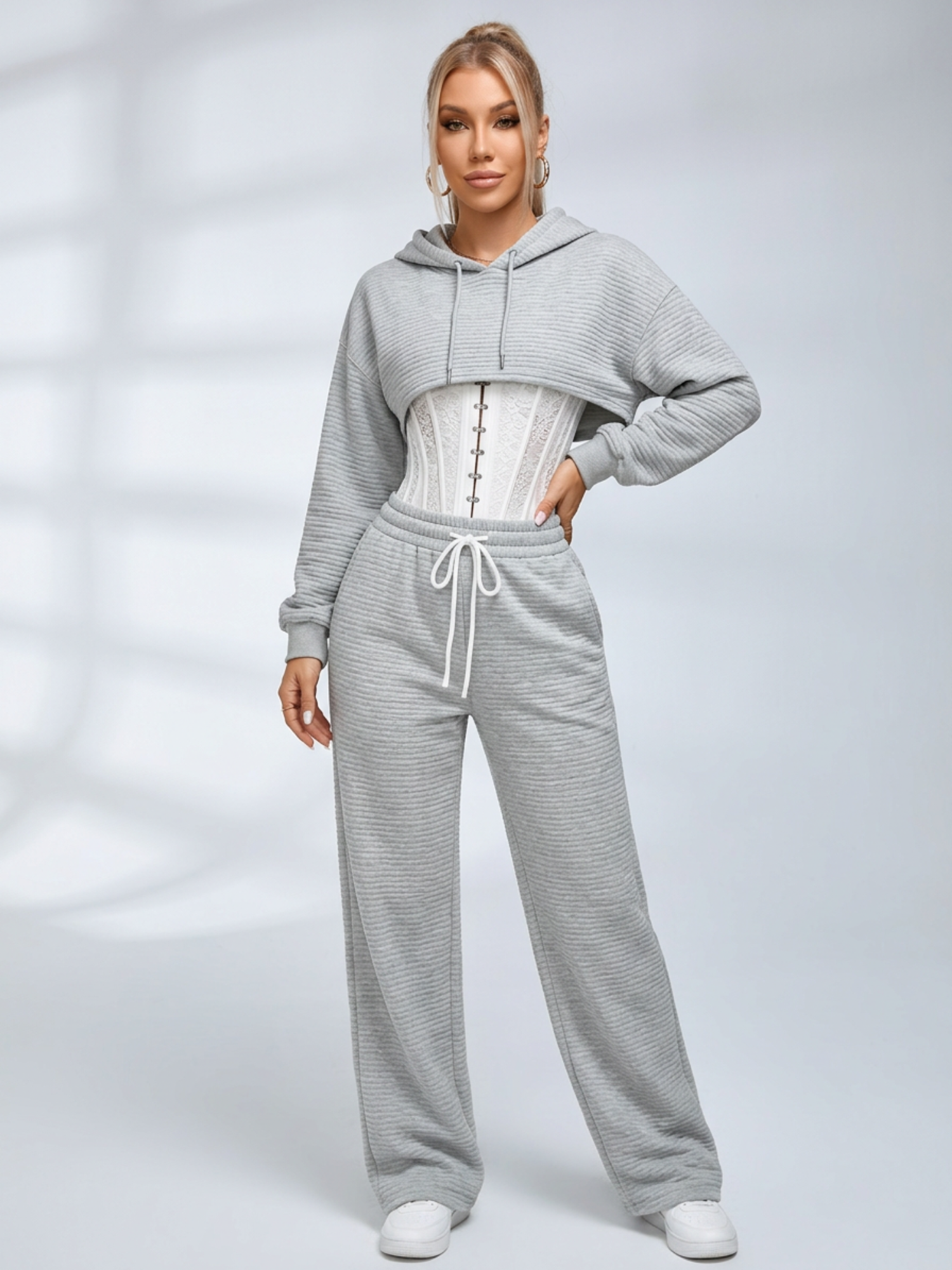 Ribbed Cropped Hoodie Wide Leg Pants 3‑Piece Tracksuit Set