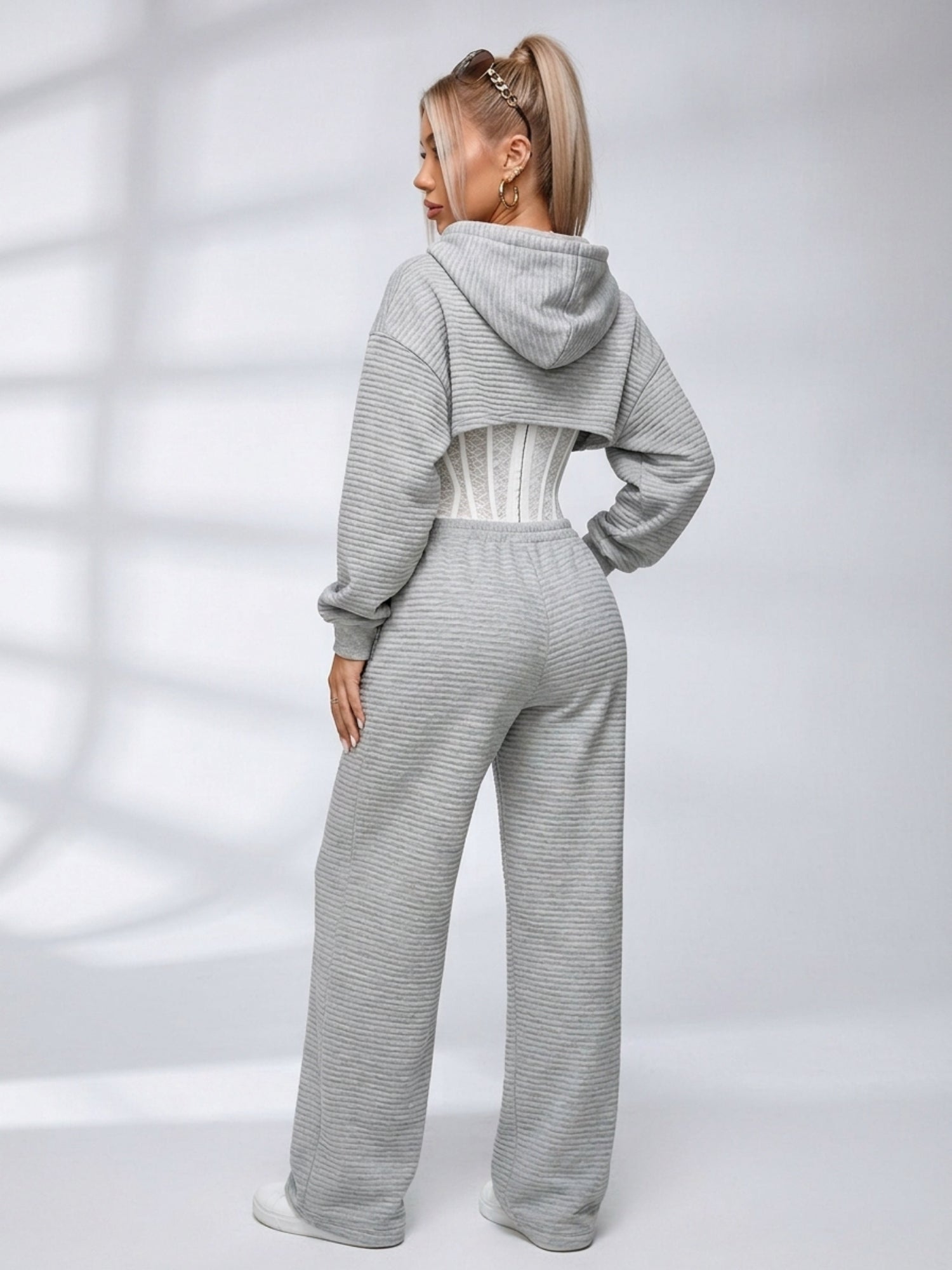 Ribbed Cropped Hoodie Wide Leg Pants 3‑Piece Tracksuit Set