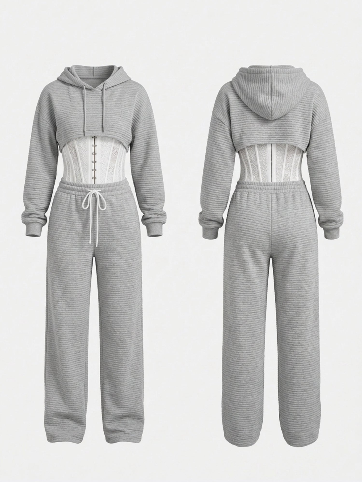 Ribbed Cropped Hoodie Wide Leg Pants 3‑Piece Tracksuit Set