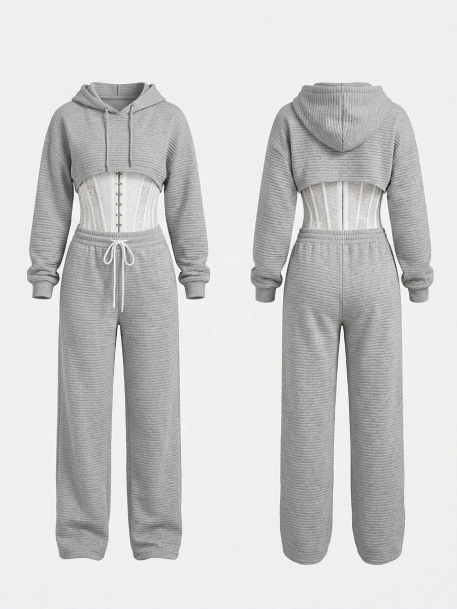 Ribbed Cropped Hoodie Wide Leg Pants 3‑Piece Tracksuit Set