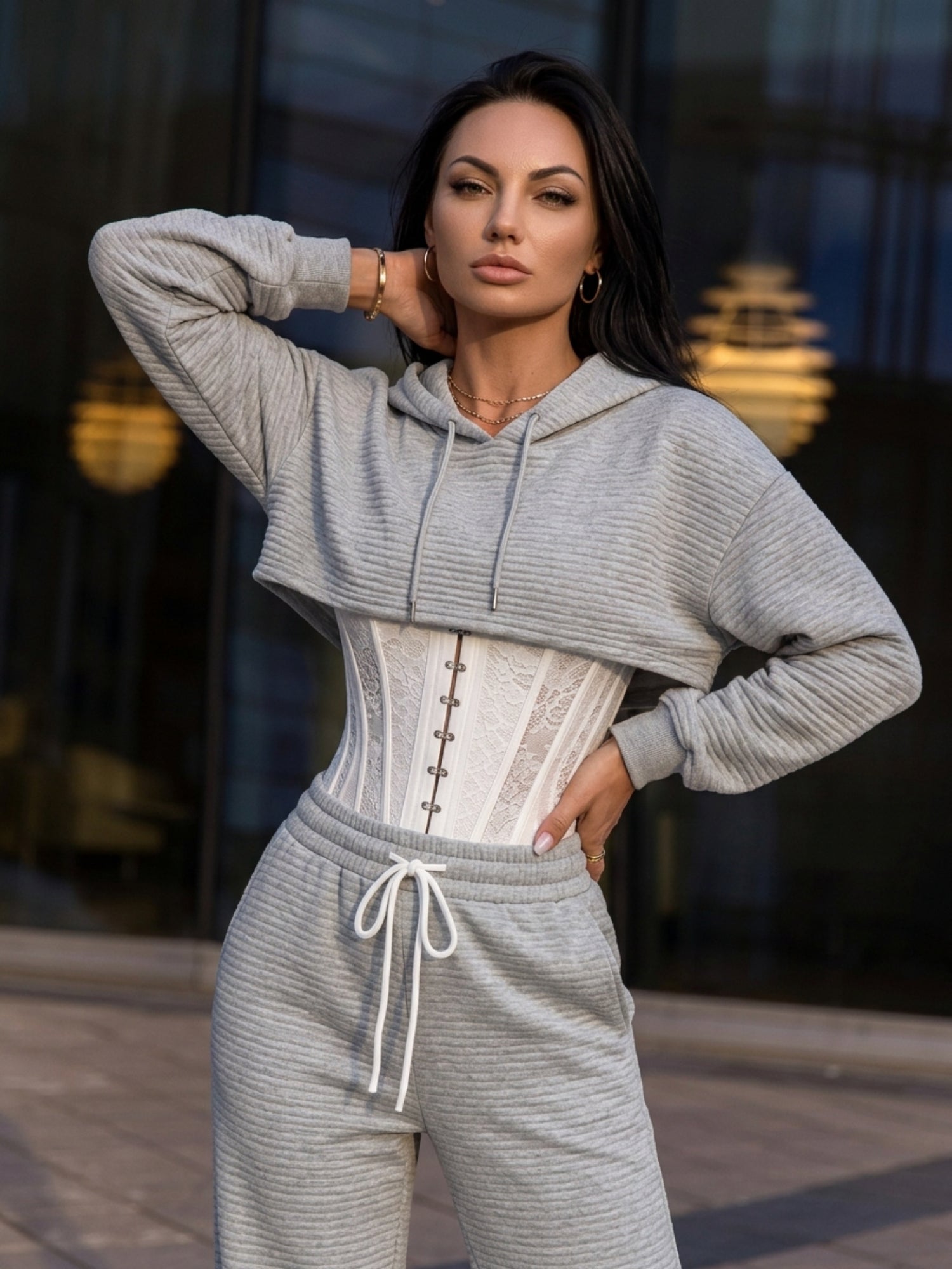 Ribbed Cropped Hoodie Wide Leg Pants 3‑Piece Tracksuit Set