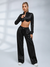 Satin Zip‑Up Cropped Jacket & Wide Leg Pants 2‑Piece Set