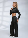 Satin Zip‑Up Cropped Jacket & Wide Leg Pants 2‑Piece Set