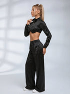 Satin Zip‑Up Cropped Jacket & Wide Leg Pants 2‑Piece Set