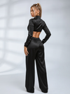 Satin Zip‑Up Cropped Jacket & Wide Leg Pants 2‑Piece Set