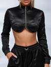 Satin Zip‑Up Cropped Jacket & Wide Leg Pants 2‑Piece Set