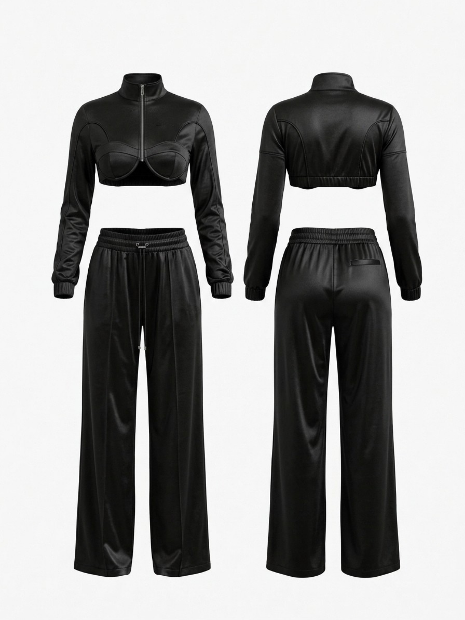 Satin Zip‑Up Cropped Jacket & Wide Leg Pants 2‑Piece Set