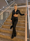 Satin Zip‑Up Cropped Jacket & Wide Leg Pants 2‑Piece Set