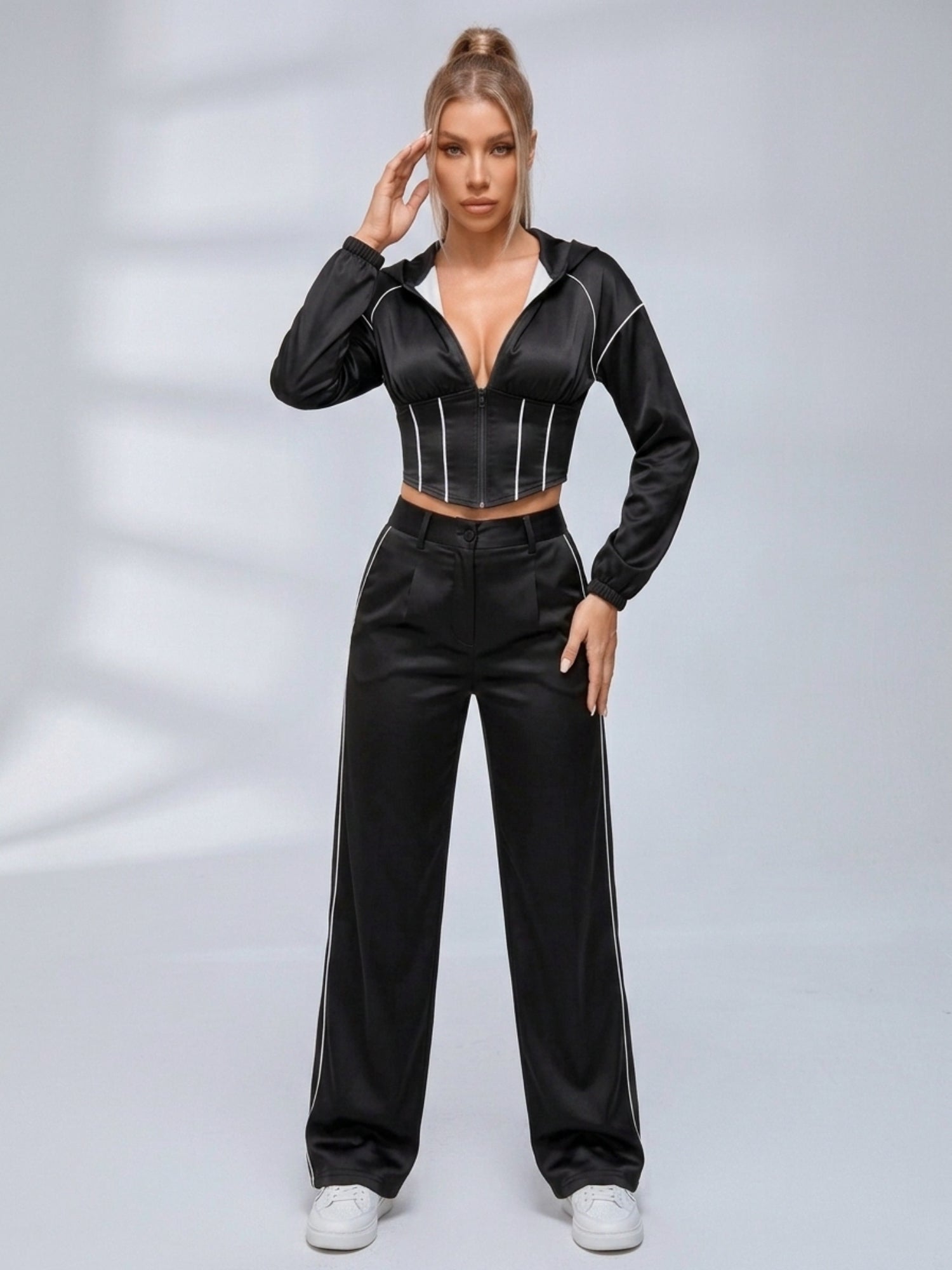 Stripe Trim Hooded Corset Top Wide Leg Pants 2‑Piece Set