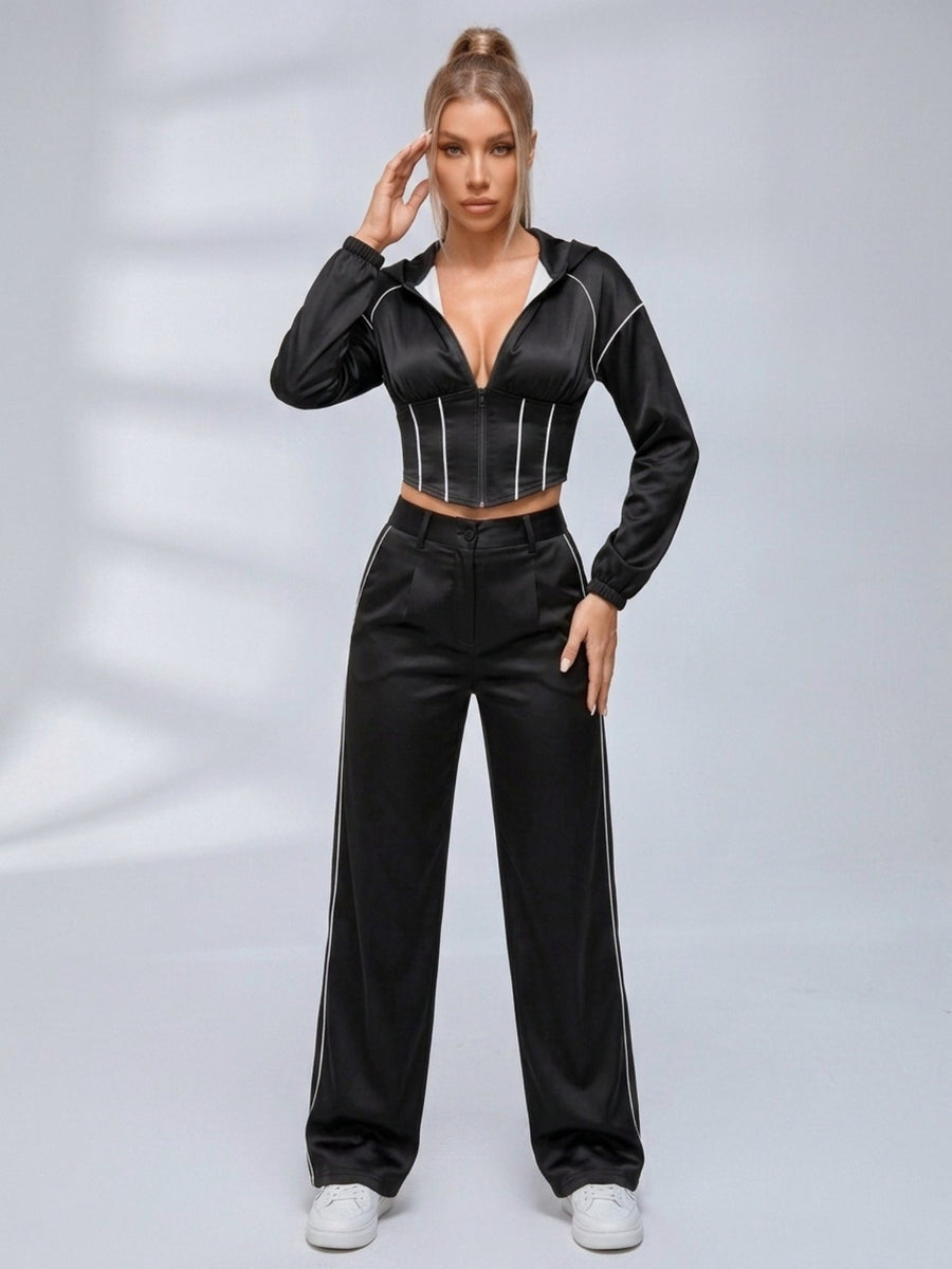 Stripe Trim Hooded Corset Top Wide Leg Pants 2‑Piece Set