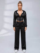 Stripe Trim Hooded Corset Top Wide Leg Pants 2‑Piece Set