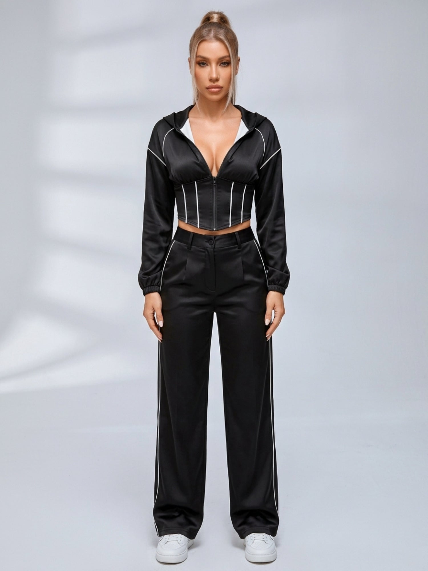 Stripe Trim Hooded Corset Top Wide Leg Pants 2‑Piece Set