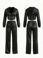 Stripe Trim Hooded Corset Top Wide Leg Pants 2‑Piece Set
