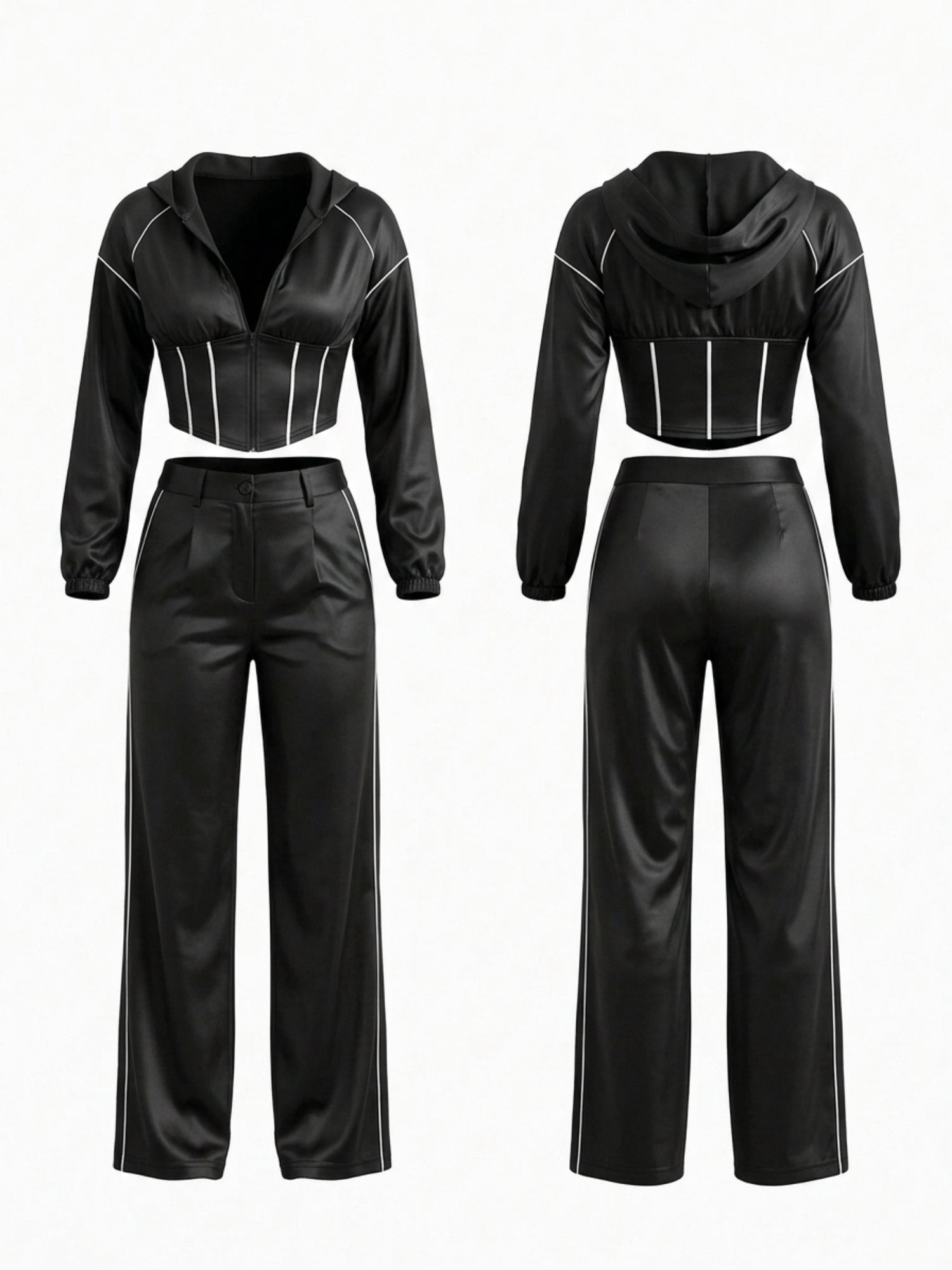 Stripe Trim Hooded Corset Top Wide Leg Pants 2‑Piece Set
