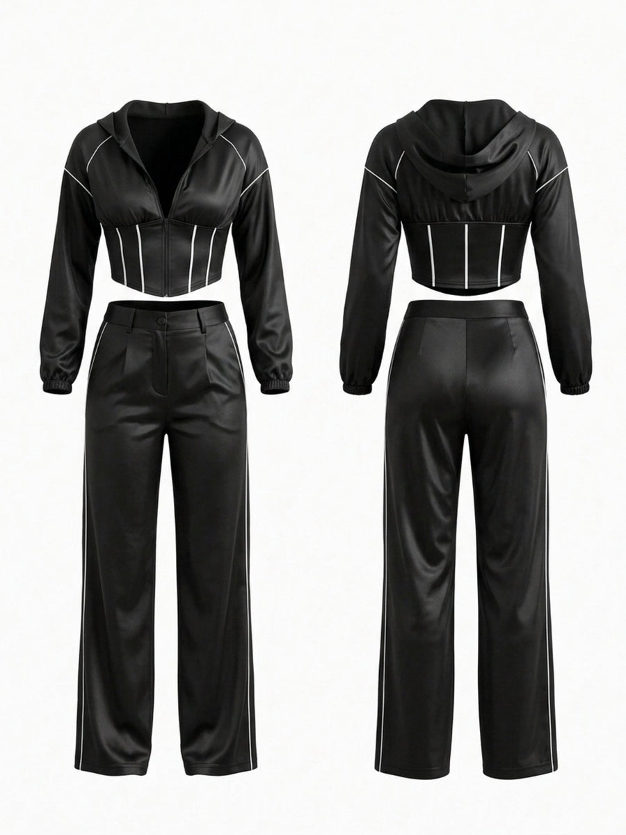 Stripe Trim Hooded Corset Top Wide Leg Pants 2‑Piece Set
