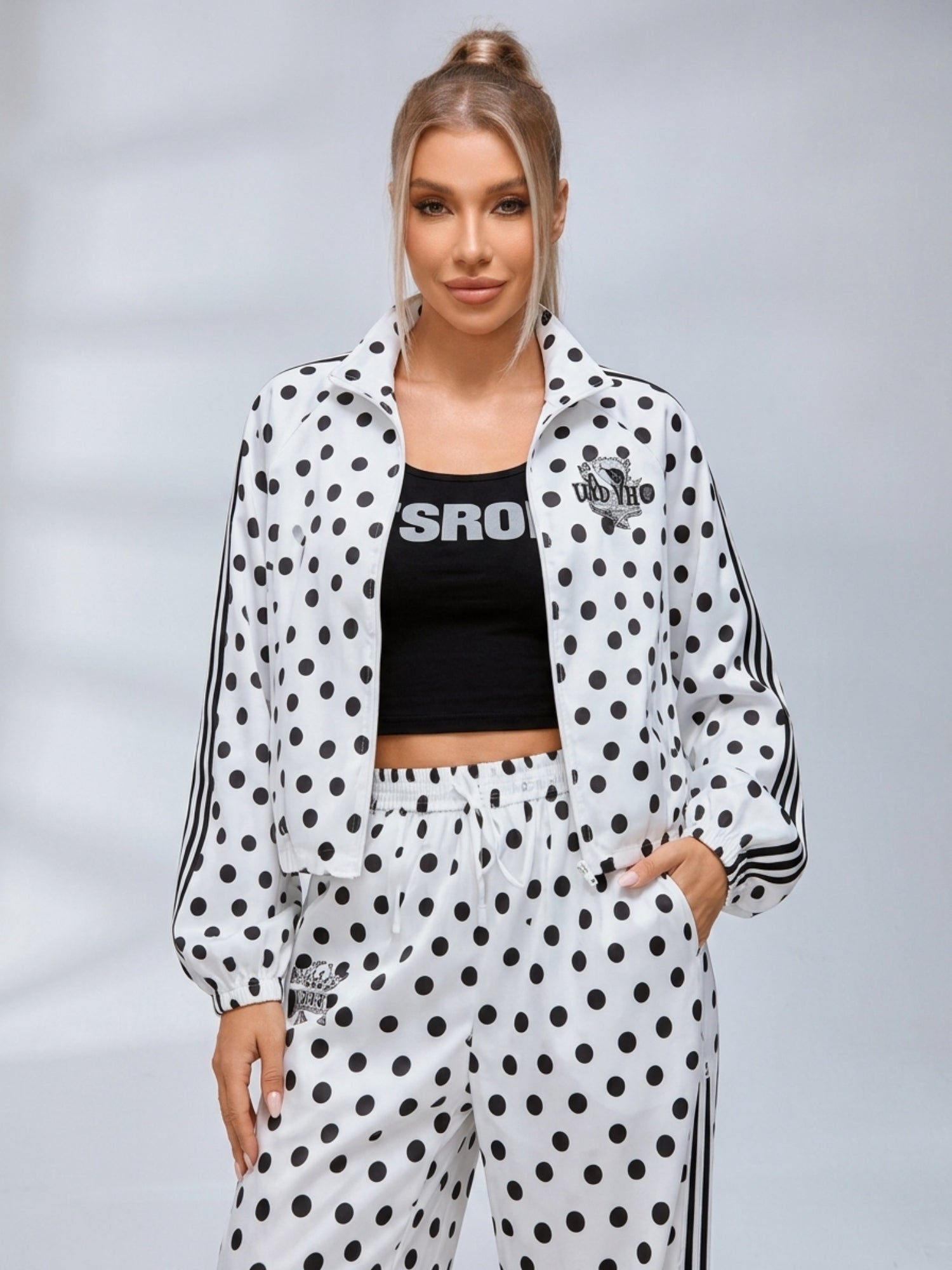 Polka Dot Zip‑Up Jacket Wide Leg Pants 2‑Piece Tracksuit