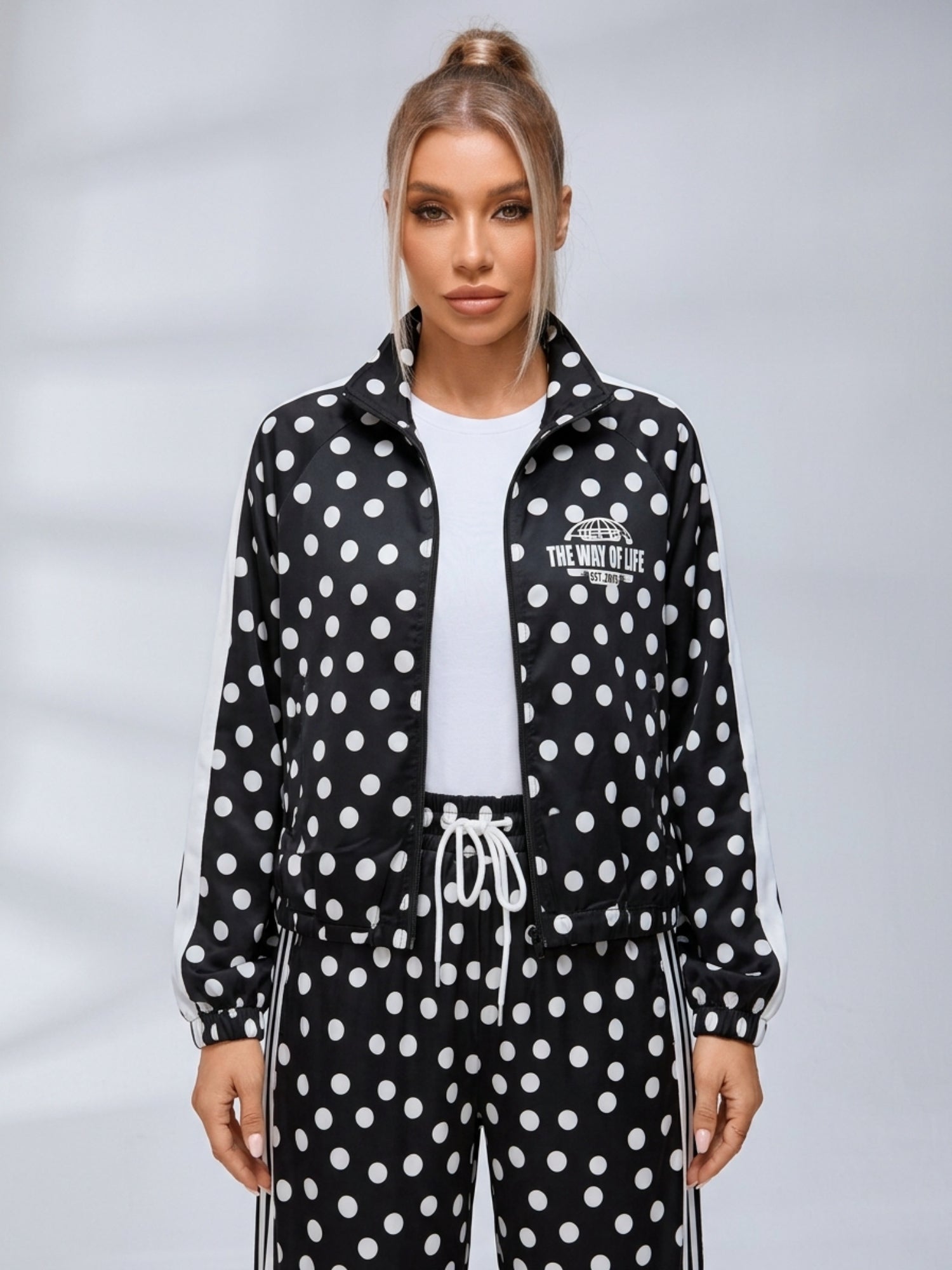 Polka Dot Zip‑Up Jacket Wide Leg Pants 2‑Piece Tracksuit