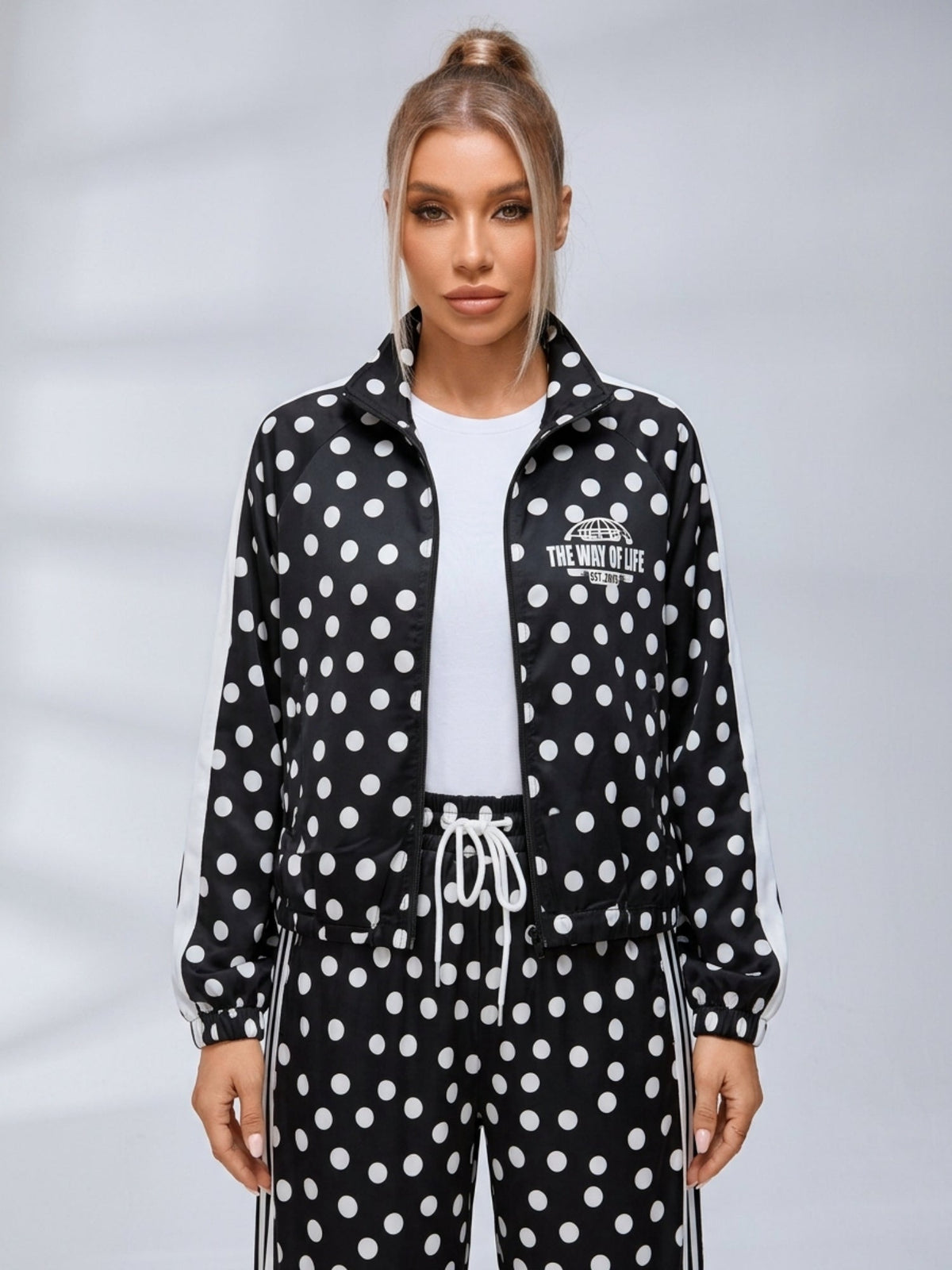 Polka Dot Zip‑Up Jacket Wide Leg Pants 2‑Piece Tracksuit