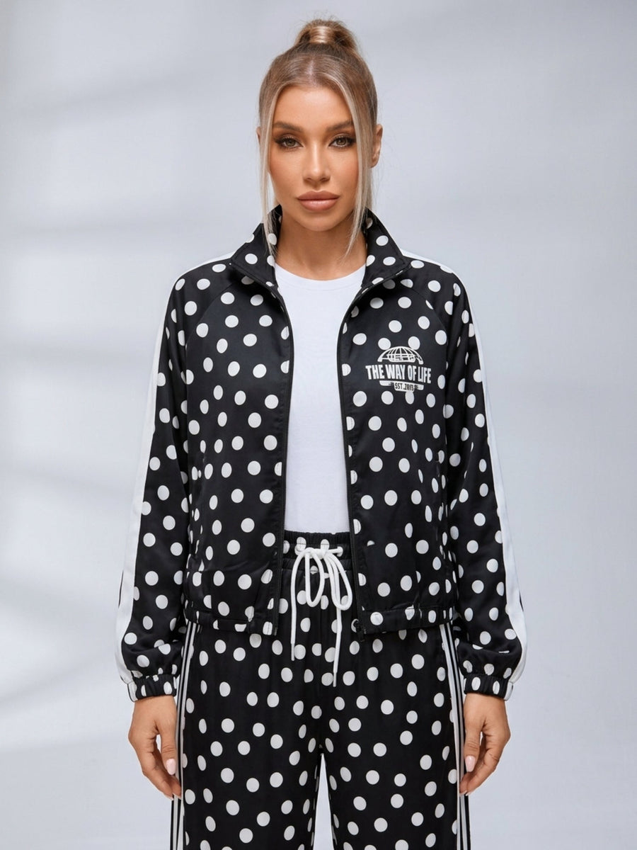 Polka Dot Zip‑Up Jacket Wide Leg Pants 2‑Piece Tracksuit