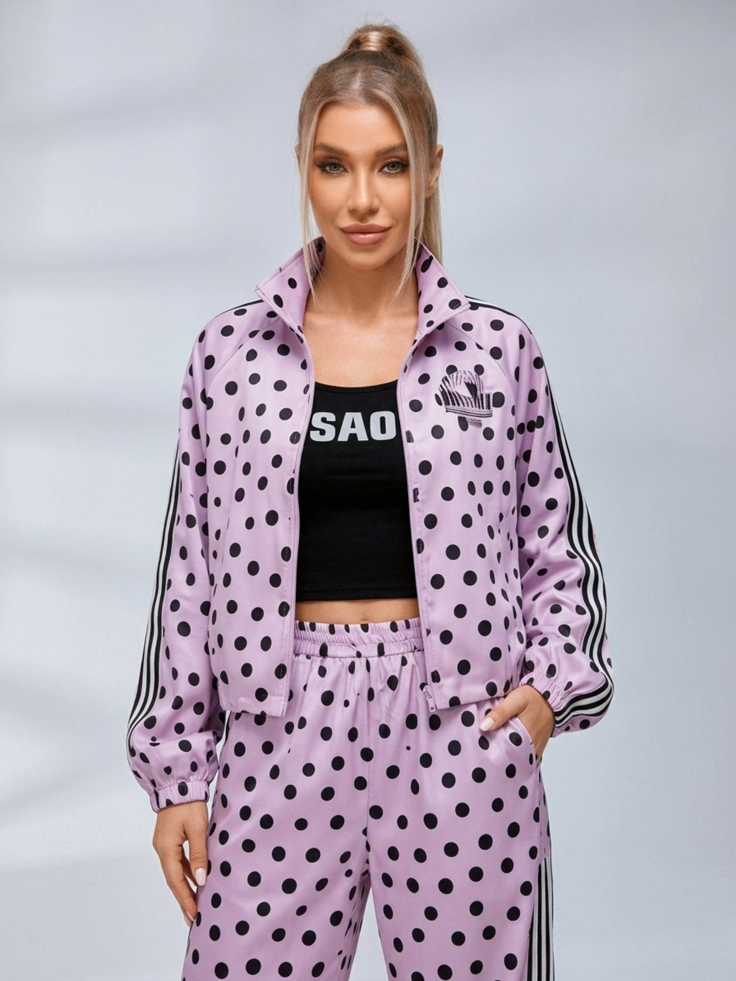 Polka Dot Zip‑Up Jacket Wide Leg Pants 2‑Piece Tracksuit