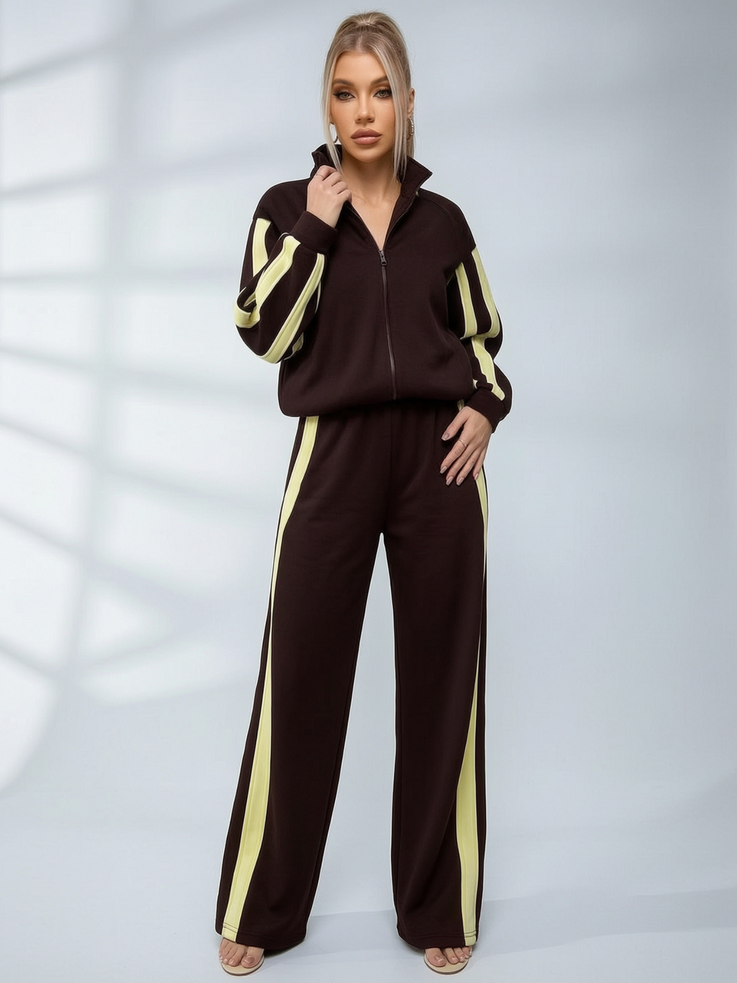 Striped Collared Sweatshirt Wide Leg Pants Set