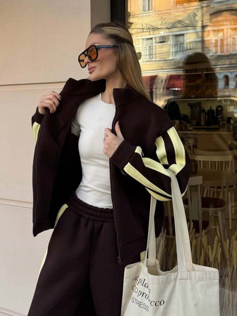 Striped Collared Sweatshirt Wide Leg Pants Set