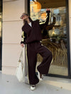 Striped Collared Sweatshirt Wide Leg Pants Set