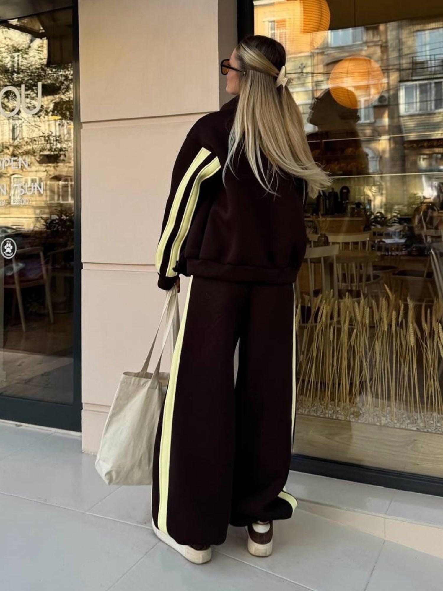 Striped Collared Sweatshirt Wide Leg Pants Set