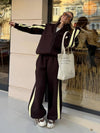 Striped Collared Sweatshirt Wide Leg Pants Set