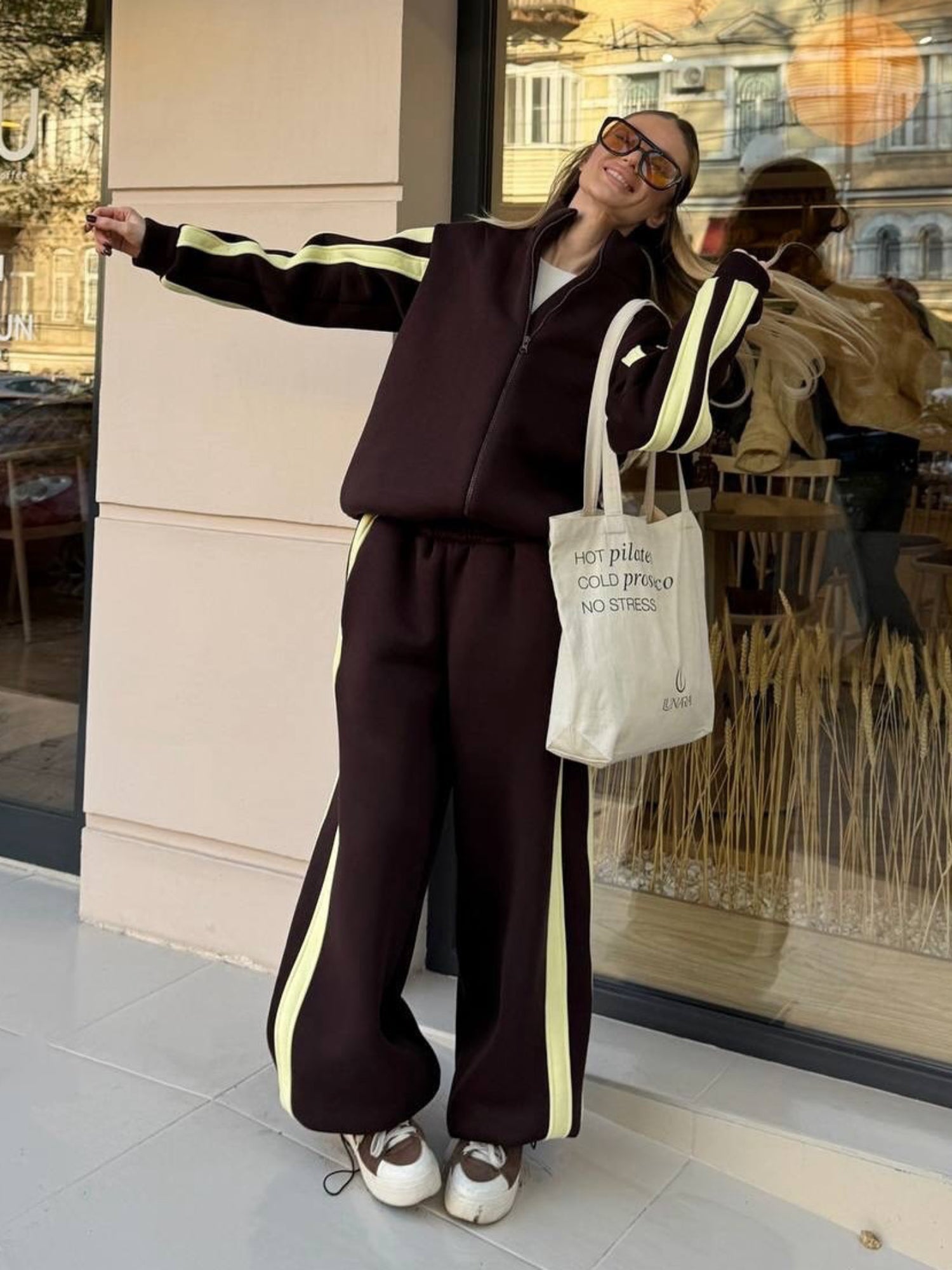 Striped Collared Sweatshirt Wide Leg Pants Set