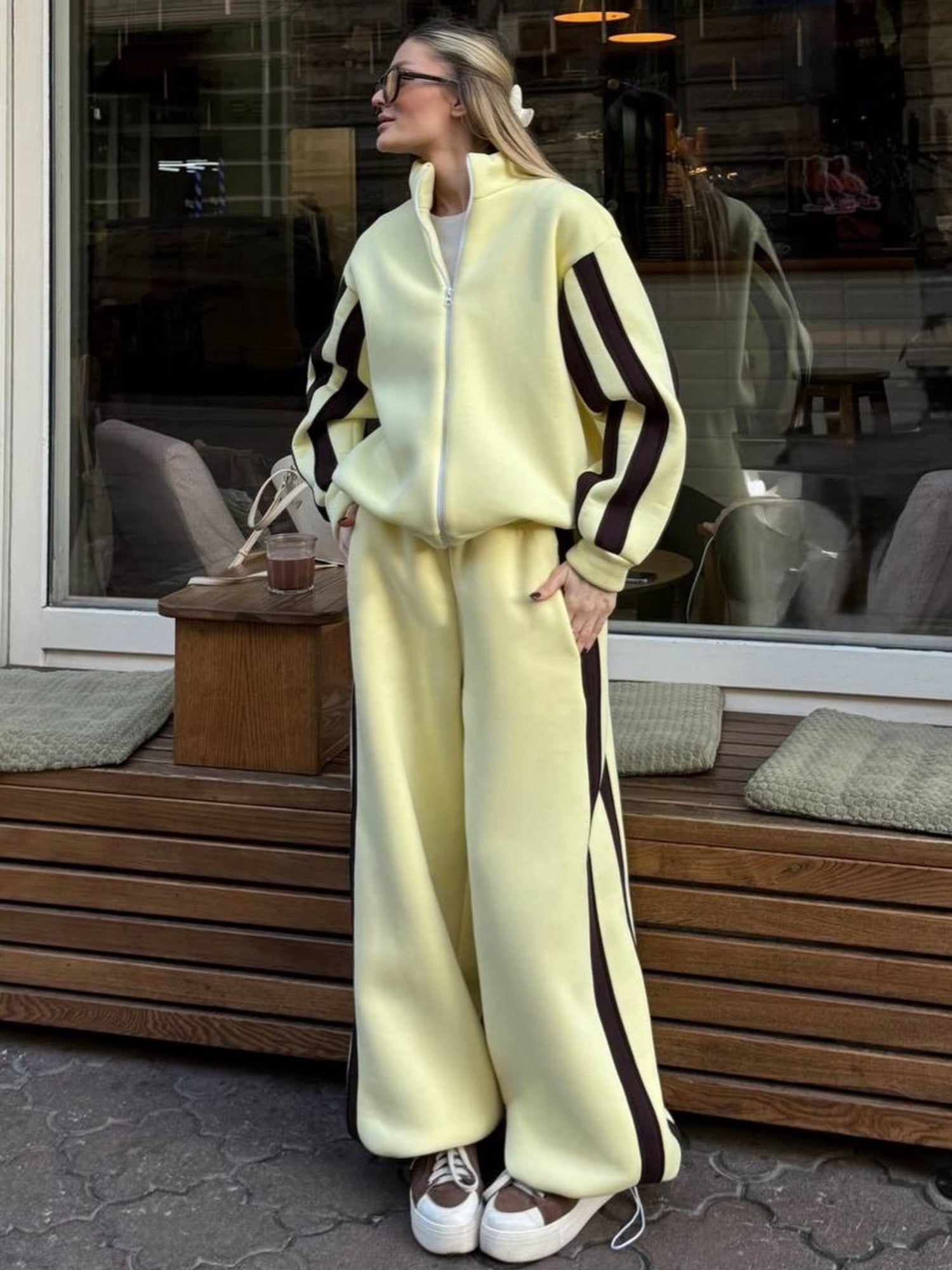 Striped Collared Sweatshirt Wide Leg Pants Set